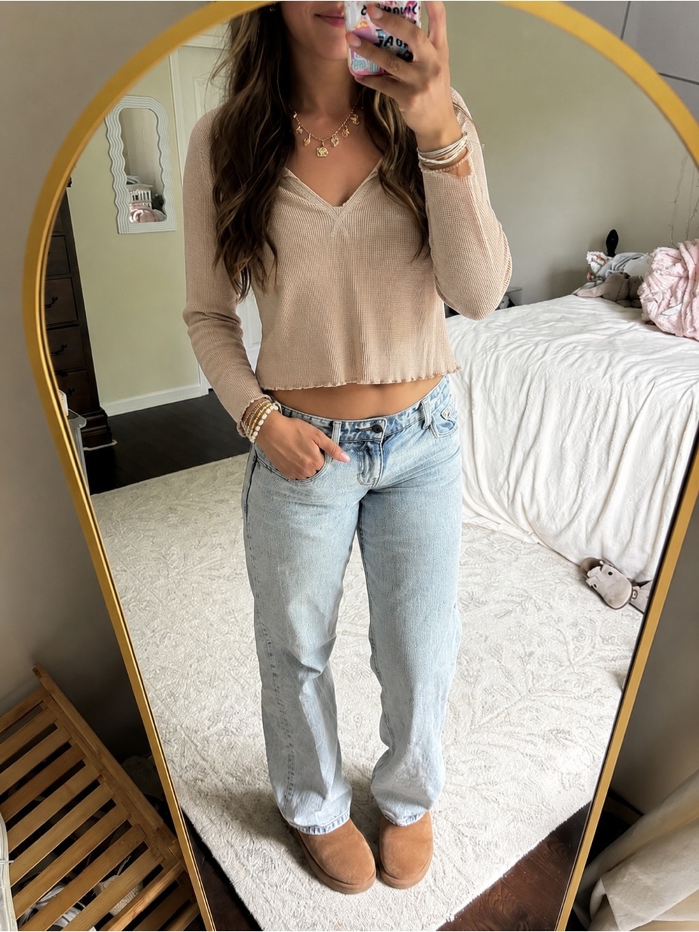 AE American Eagle Tan Crop Thermal Long Sleeve Top Shirt L